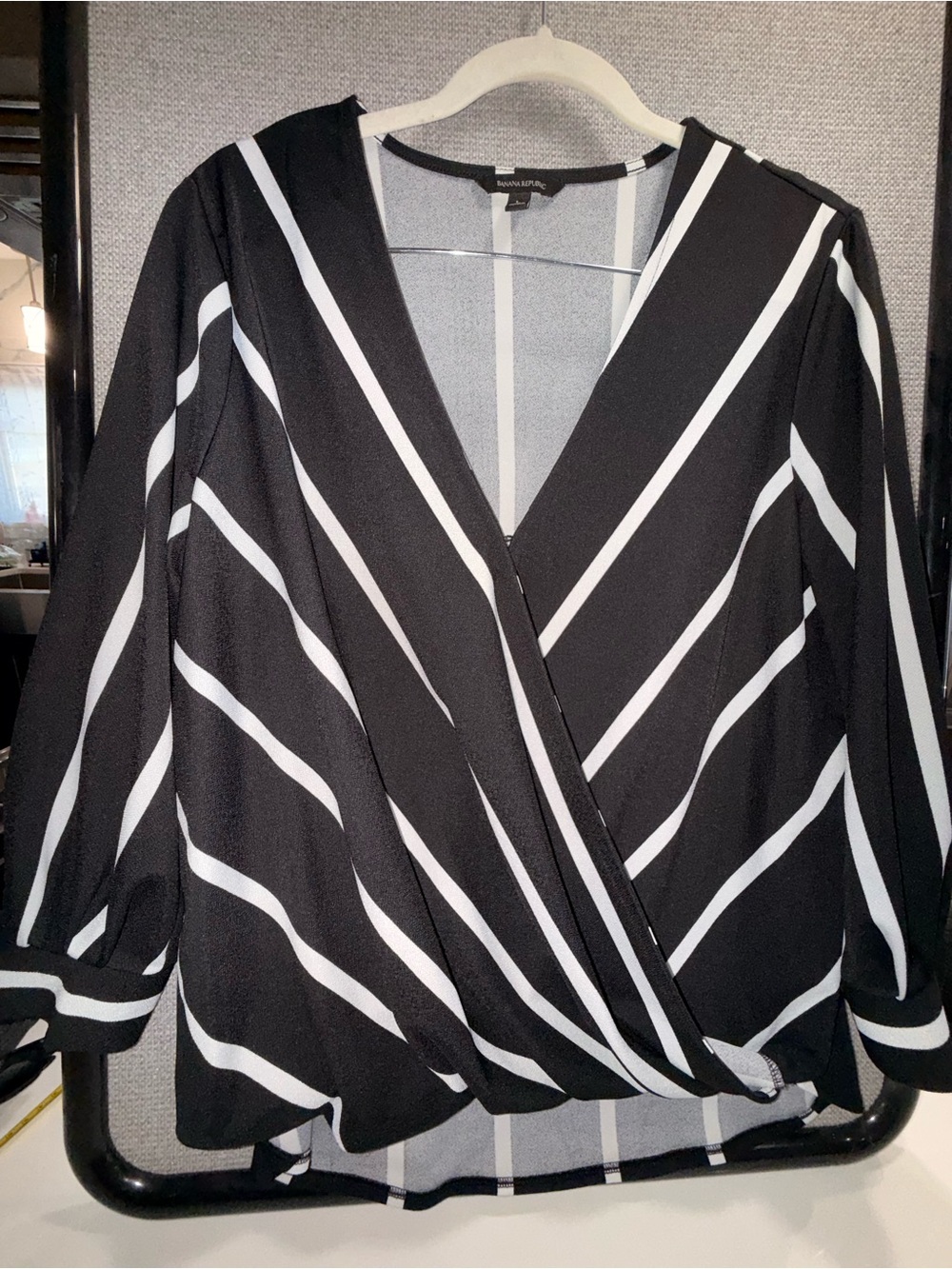 Banana Republic Black and White Diagonal Stripe Wrap Blouse